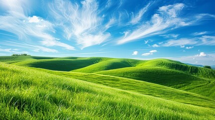 Obraz premium Picturesque countryside with rolling hills covered in vibrant green grass, stretching under a majestic blue sky with wispy clouds.