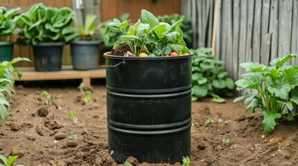 Home composting setup in a backyard garden, waste reduction strategy, sustainable household practices