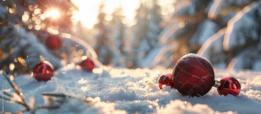 Poster festive ornaments and baubles adorn a snowy landscape under the soft winter sun with dense fir trees