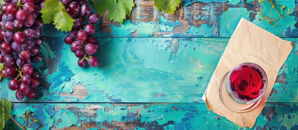Aufkleber A colorful image capturing a glass of red wine grapes and paper on a turquoise wooden background ideal for a tasting invitation with available space for text. with copy space image
