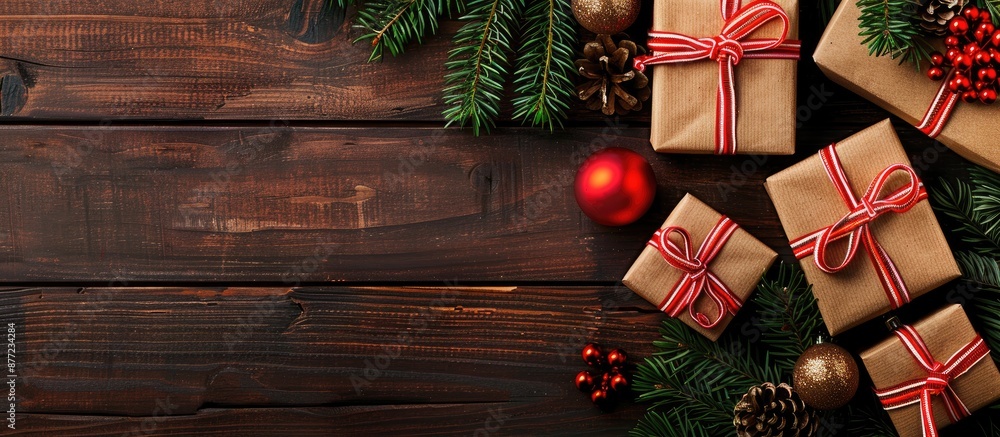 Poster top view of christmas gift boxes and a fir tree on a wooden background providing copy space in the i