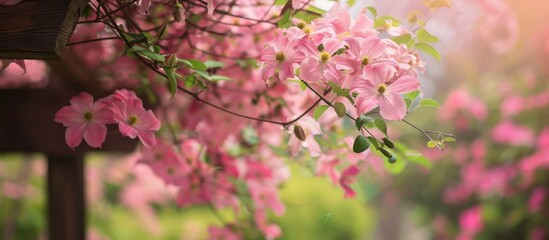 Pink clematis thrives on a wooden arbor with a backdrop of blooming pink dogwood creating a picturesque scene with copy space image