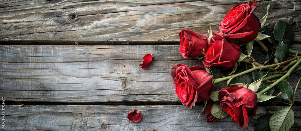 Aufkleber red roses arranged on a rustic wooden table with ample copy space image available