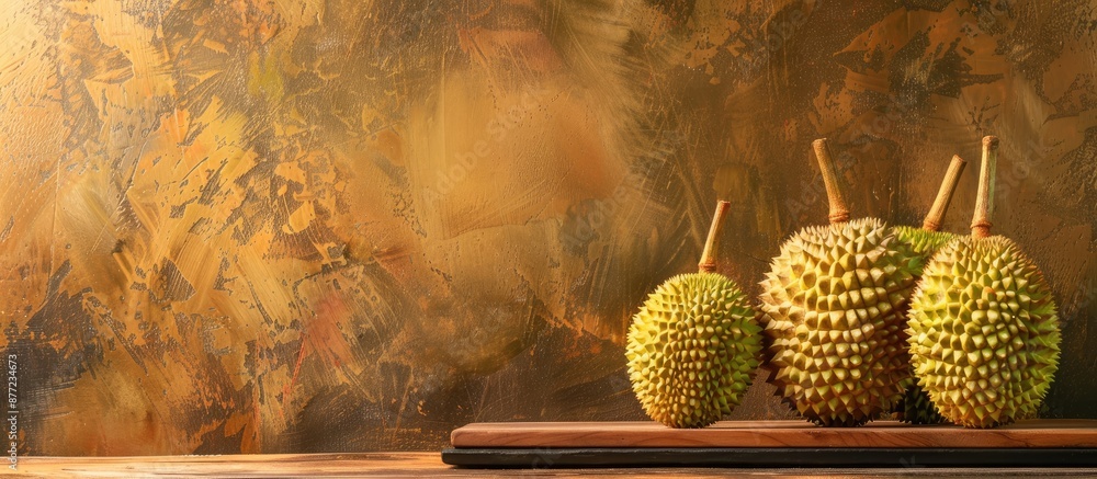 Poster wooden table showcasing fresh ripe durians with copy space image for text