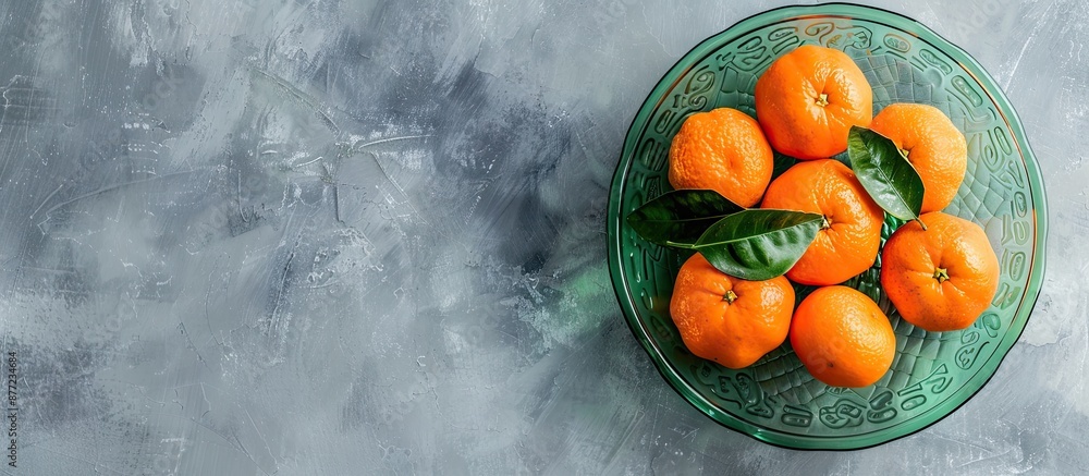 Poster aerial shot of oranges or tangerines in a green glass bowl with space for text or images. with copy 