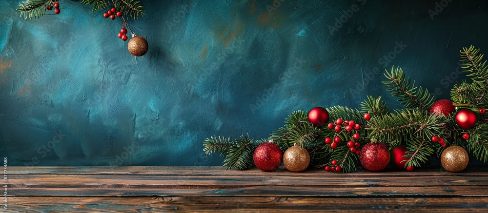 Aufkleber Wooden table with fir tree branch adorned with Christmas balls set against a festive New Year background creating a charming copy space image