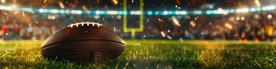 Naklejka premium Close-Up Shot of an American Football on a Green Field Illuminated by Stadium Lights, with Cheering Crowd in the Background. Capturing the Atmosphere of a Night Football League Game in High-Definition