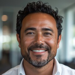 Obraz premium Close-up of a smiling man with curly hair and a beard, wearing a white shirt in an indoor setting.