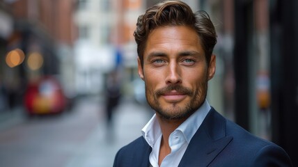 Fototapeta premium Confident businessman in a blue suit posing on a city street. Perfect for corporate and professional use in stock photography.