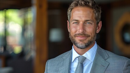 Fototapeta premium Confident businessman in a stylish gray suit standing indoors, exuding professionalism and charm with a serene background.