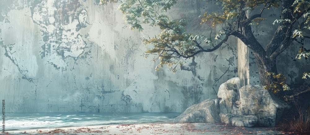 Poster the wall texture resembles a scenic view with a forest and a beach in a copy space image