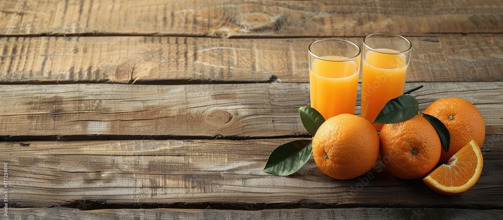 Poster fresh oranges and a glass of orange juice presented on a rustic wooden backdrop with space for addin