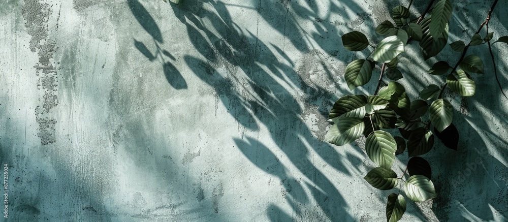 Aufkleber Abstract tree leaves casting shadows on a textured gray green concrete wall creating a trendy nature inspired background with a flat lay suitable for text or posters image. with copy space image