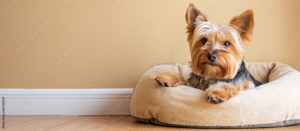 Aufkleber small yorkshire terrier dog rests in a pet bed on the floor by a beige wall creating a charming scen