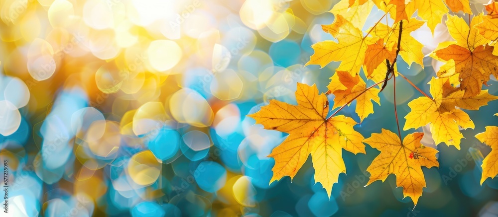 Poster Copy space image with vibrant yellow maple leaves on a blurred autumn background