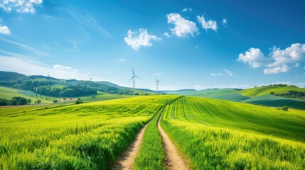 Obraz premium Wind turbines on a corporate campus, demonstrating energy-saving technology, sustainability management, renewable energy infrastructure