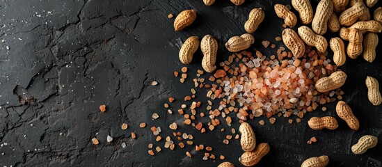 Fototapeta premium Dark gray backdrop with Himalayan coarse salt complementing peanuts on the image leaving a large area for text copy space image