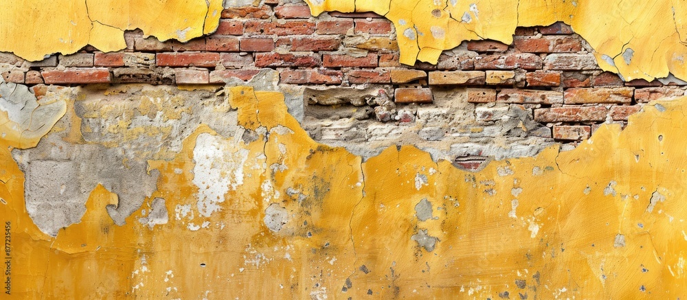 Poster Fragment of an aged brick wall from a yellow ruined building shown in a copy space image for design use
