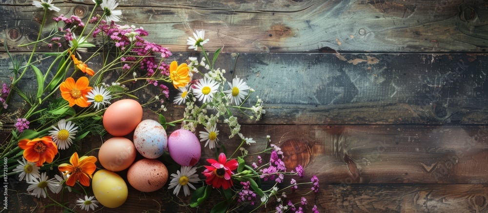 Aufkleber Happy Easter A charming composition of naturally dyed colorful eggs and spring flowers on a rustic table displayed in a flat lay with copy space image