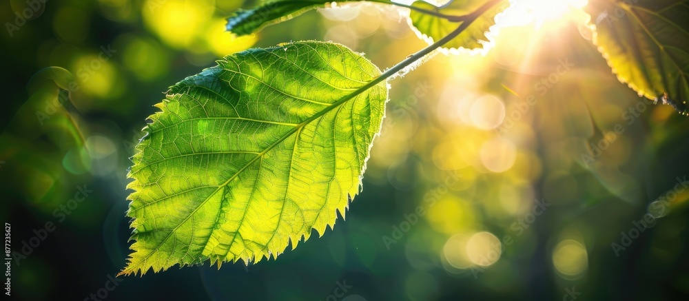 Poster captivating natural imagery of a vibrant green leaf set against a softly blurred backdrop of foliage