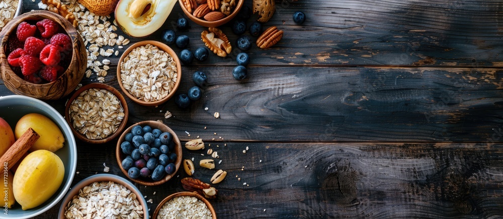 Aufkleber top view of healthy oatmeal ingredients displayed on a dark wooden table with a toned effect ideal f