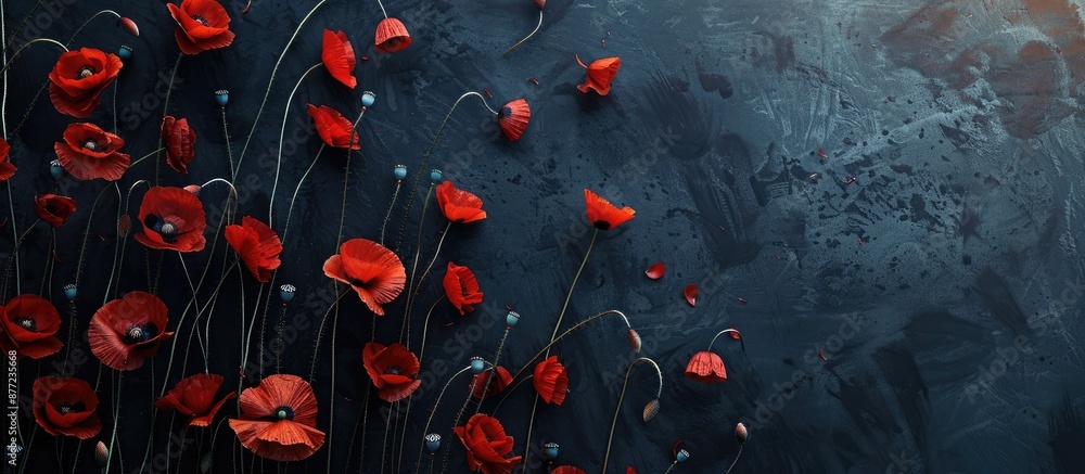 Fototapete Bird s eye view of vibrant red poppy blossoms against a dark metallic backdrop with space for text in an edited photo. with copy space image. Place for adding text or design