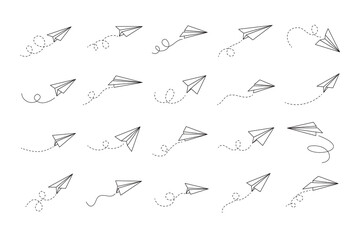 Hand drawn doodle paper plane set. isolated planes flight path. Line airplane icon travel, route. 