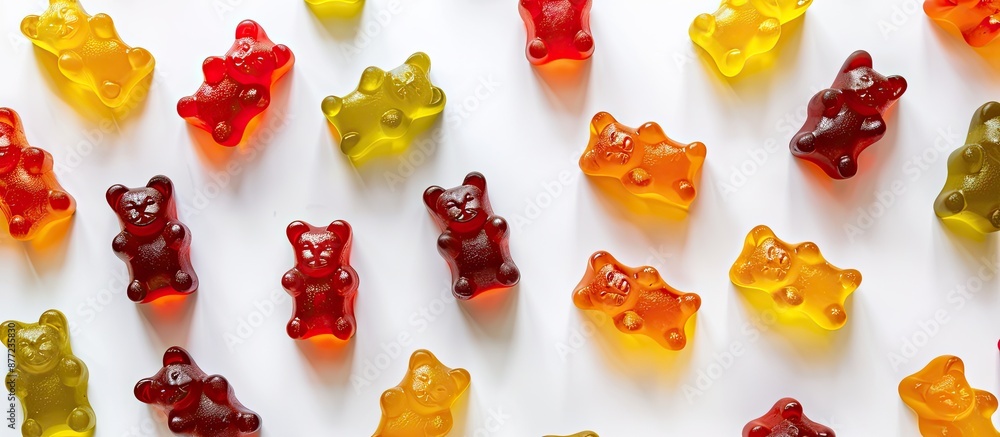 Aufkleber delicious gummy bears arranged on a white backdrop with available copy space image