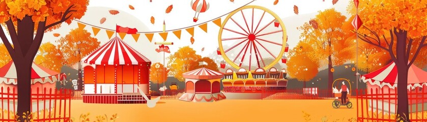 Naklejka premium Autumn fairground scene with colorful tents, ferris wheel, and vibrant fall foliage in a warm, picturesque setting.