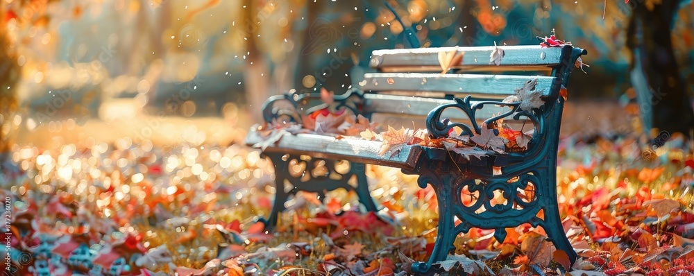Poster a park bench is surrounded by colorful autumn leaves with a warm and tranquil atmosphere on a sunny 
