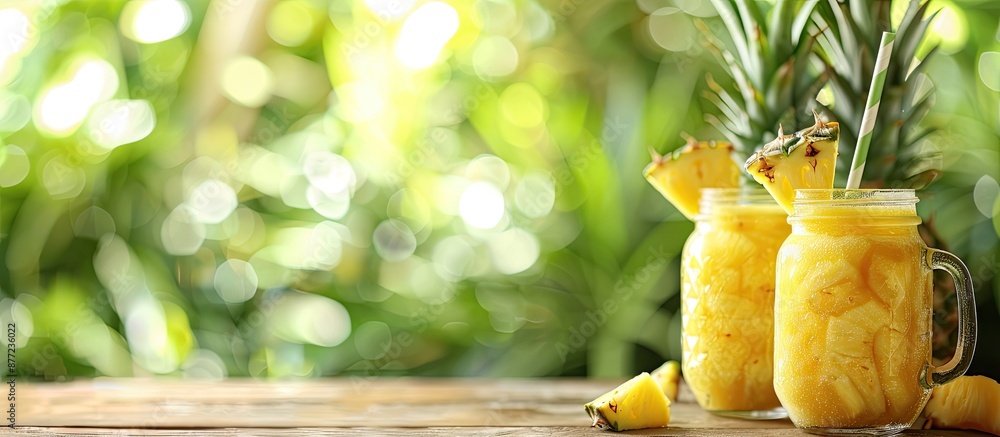 Poster pineapple smoothies in mason jars on a wooden table with a blurred background providing room for tex