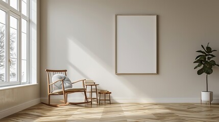 Minimalist White Frame on Living Room Wall with Rocking Chair and Wooden Floors