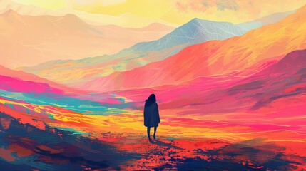 Scenic Mountain Hike: Woman Strolling Through Vibrant Landscape of Colorful Fields and Majestic Peaks