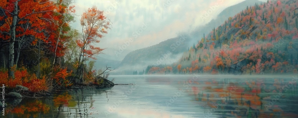 Aufkleber serene autumn landscape featuring a calm lake surrounded by misty mountains and vibrant fall foliage
