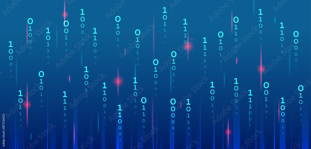 Leinwandbilder Binary code, artificial intelligence. Program code. Computer background of numbers. Flying data illustration. Analytics, sorting, structuring, transferring information. Blue background with data flow.