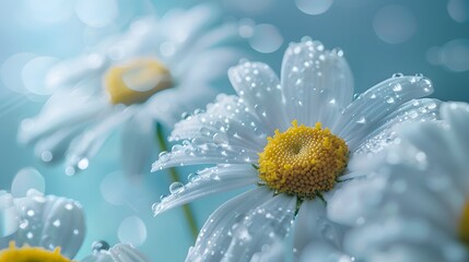 The Chamomile flowers with morning dew on their petals against a soft blue and white background, capturing the essence of tranquility and natural wellness.
