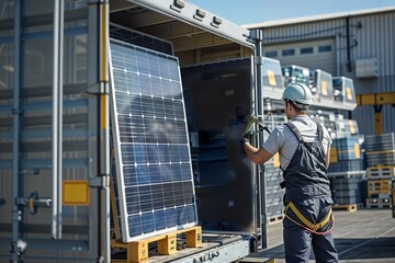 Solar Panel Delivery. Worker unloads solar panels.