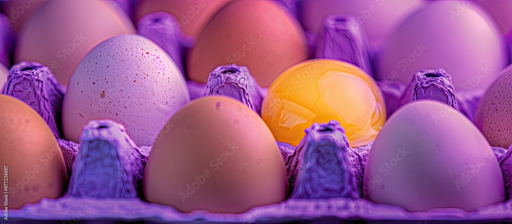 Leinwandbilder a close up horizontal image of numerous chicken eggs in a vibrant violet carton showcasing a visible