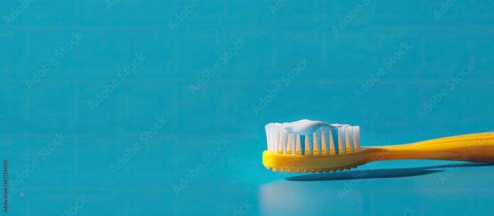 Poster a yellow toothbrush with toothpaste on it shown in a detailed close up on a blue background with cop