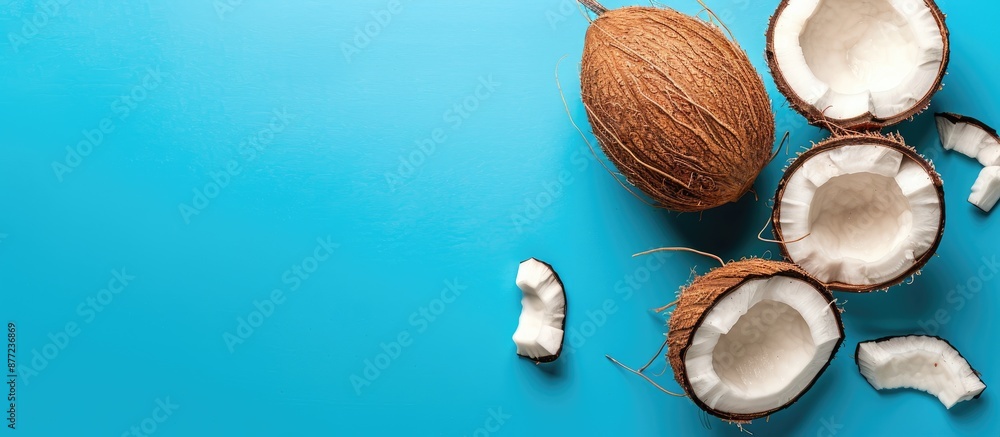 Aufkleber Coconut fruits on a bright blue background creating an abstract tropical food concept with an angled view for a copy space image