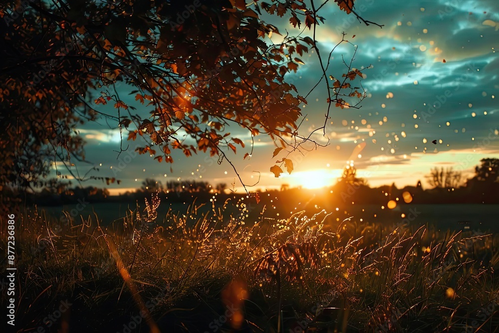 Poster Beautiful sunset over a tranquil field with rays of sunlight filtering through tree leaves and illuminating the grass.