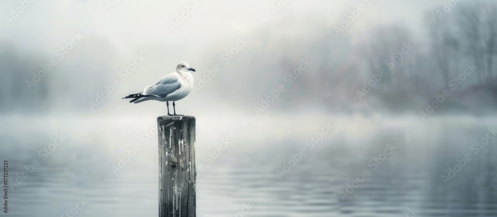 Poster a winter feathered seagull perched on an aged pole by a lake with a serene bird against a blurred wa