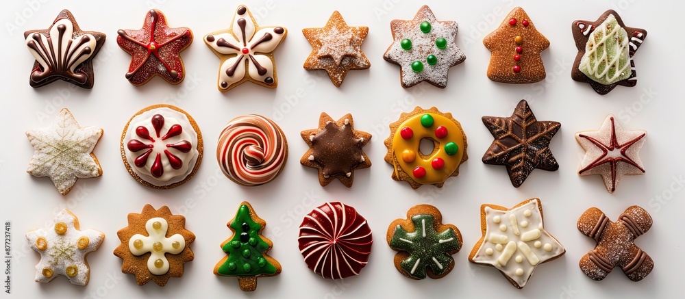 Leinwandbilder top view of a variety of colorful christmas gingerbread cookies with a sugar glaze set on a white ba