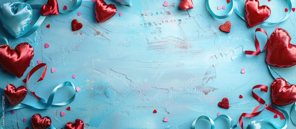 Poster valentine s day banner with a blue border adorned with silk hearts displayed in a flat lay style inc