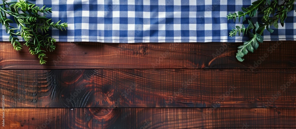 Aufkleber Aerial view of a dark wooden table adorned with a blue checkered tablecloth featuring ample copy space for customization