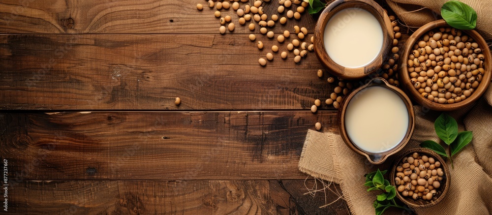 Fototapete wooden table featuring fresh soy milk and beans displayed in a flat lay arrangement with ample space