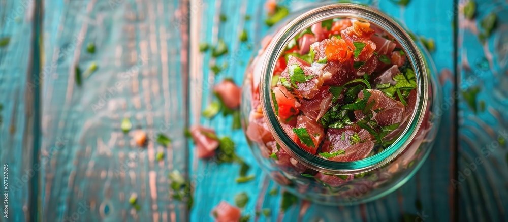 Aufkleber top down view of a delicious glass jar of cod liver displayed on a blue wooden surface offering ampl
