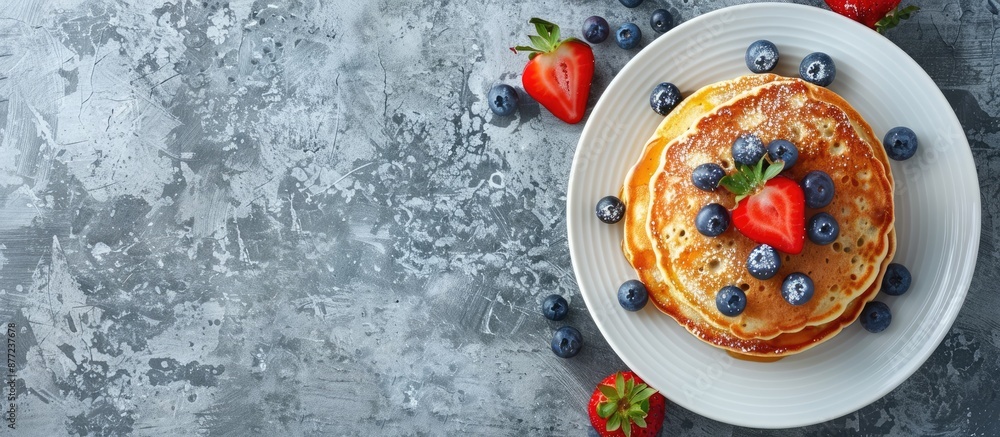 Poster top down view of a plate with a stack of breakfast pancakes garnished with fresh blueberries and str