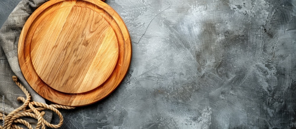 Aufkleber Empty round wooden cutting board and ship s rope with simple knots set against a gray background in a top view copy space image