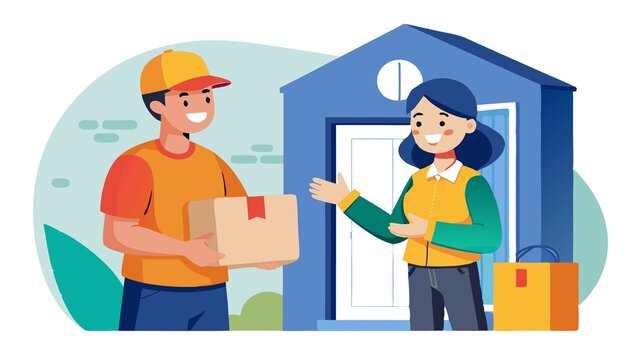 E-commerce convenience delivered! A happy customer receives their online order with a smile, demonstrating the ease of online shopping with direct delivery.